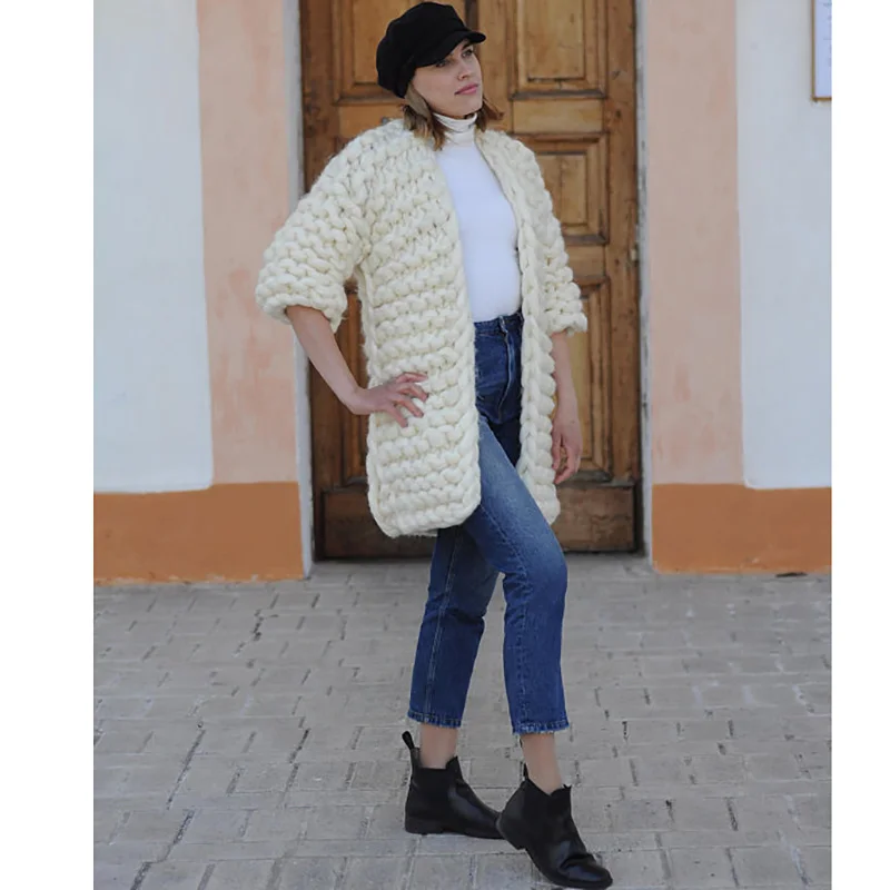 Fall Winter Thick warm Cardigan Sweater Long section hand-woven sweater Large size Streetwear women Hand-knit |