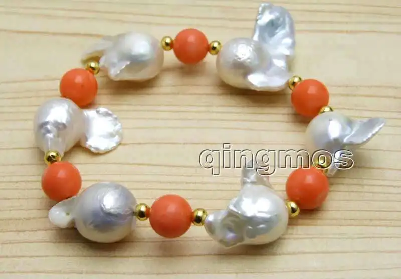 

Big 20-35mm White Baroque Natural Nuclear pearl and 9-10mm Pink Coral 7.5'' Bracelet-bra392