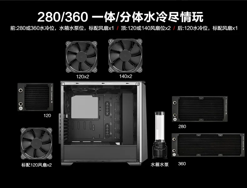 PHANTEKS 416P ATX шасси(RGB дыхательный светильник/с 2 вентиляторами/280 водяное охлаждение/пыль/Задняя линия/SSD