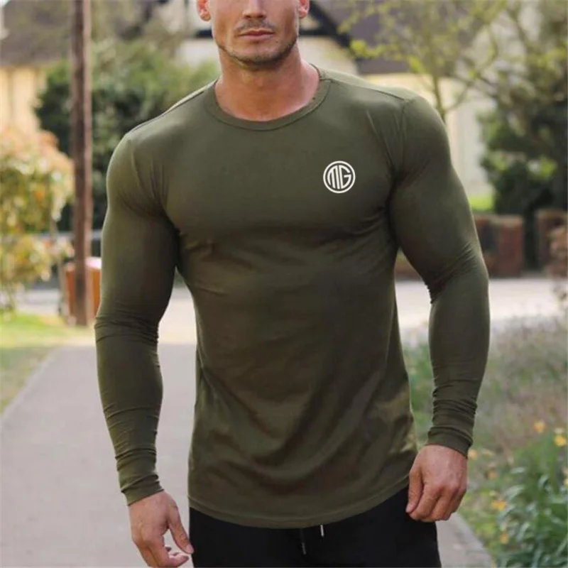 Бренд Muscleguys, модная одежда, одноцветная Приталенная футболка с длинным рукавом, мужская хлопковая Повседневная футболка, спортивная одежда, футболки для спортзала