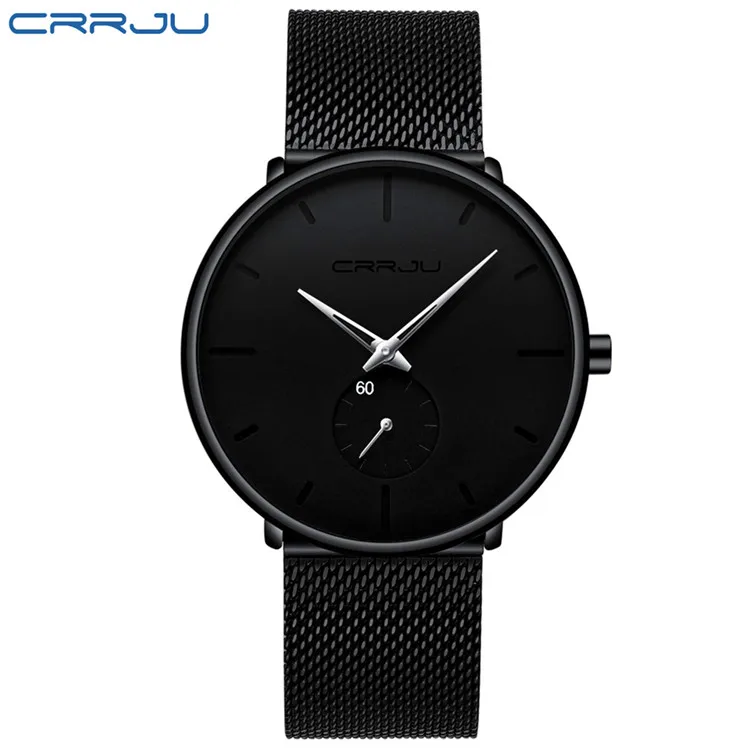 black silver Новые мужские часы Топ Бренд роскошные часы из нержавеющей стали CRRJU тонкие кварцевые часы сетчатые наручные часы Мужские часы Reloj Hombres Waterpro - Цвет: black silver
