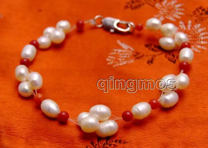 Натуральный пресноводный жемчуг 5-6 мм для белого риса и 3-4 красный коралл 7 5 дюйма