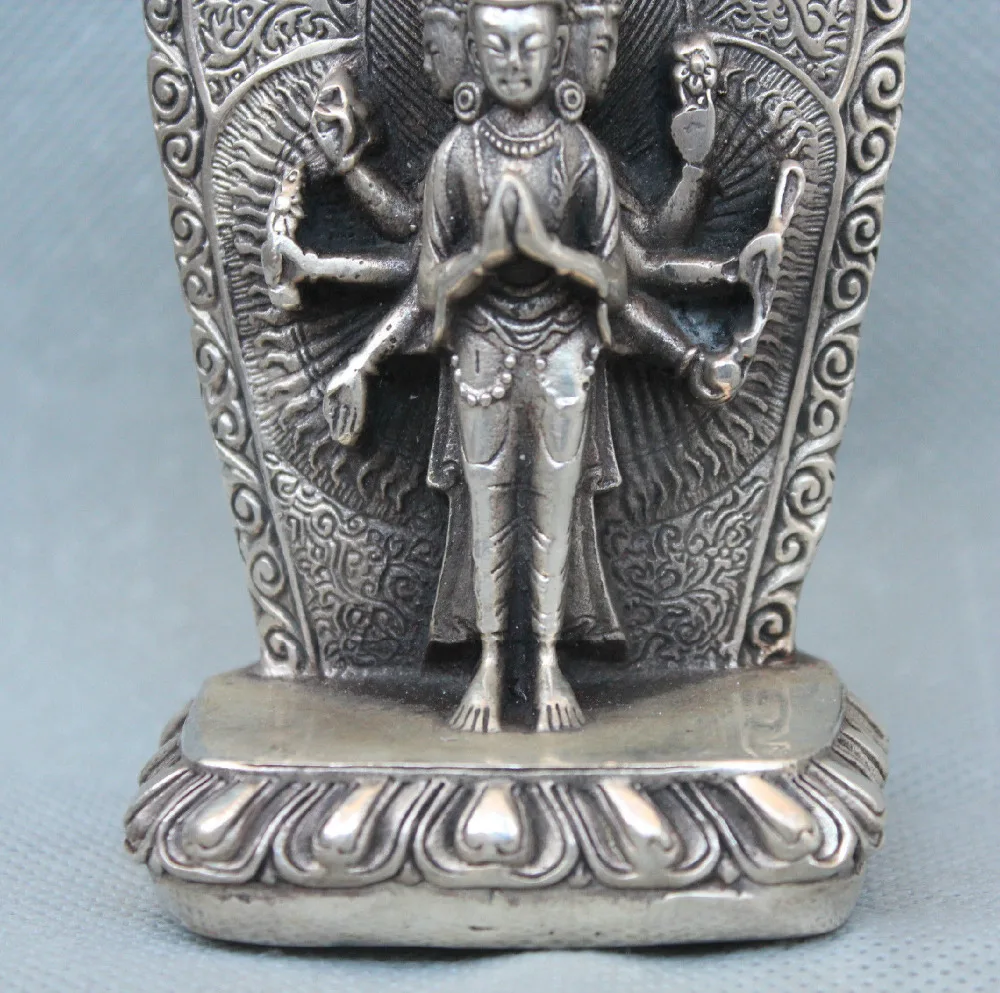 Тибетский буддизм серебро 1000 оружие Avalokiteshvara богини статуя Гуань Инь|Статуи и