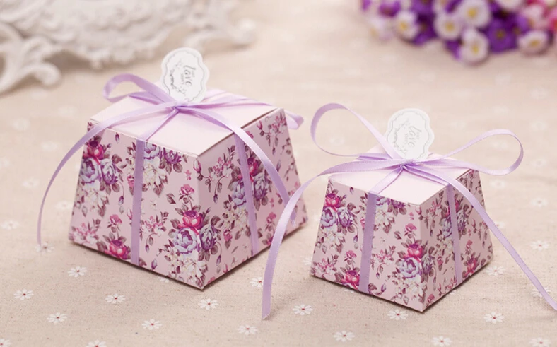 100 шт. красивые фиолетовые Цветочные трапециевидные коробки для конфет Свадебная