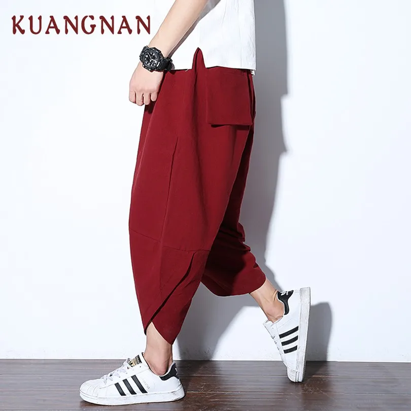 Red KUANGNAN, китайский стиль, длина по щиколотку, хлопок, лен, брюки, мужские, брюки для бега, мужские, XXXL, спортивные штаны, уличная одежда, мужские штаны - Цвет: Red