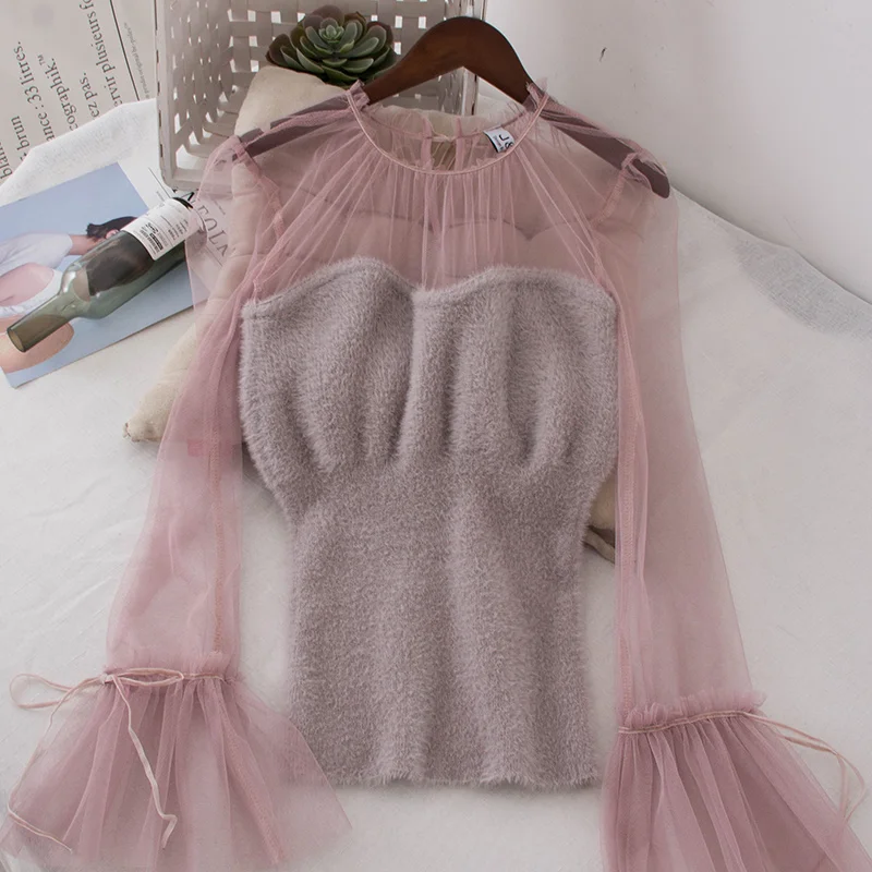 Дамы топы корректирующие 2019 Весна Корейская модная одежда blusas femininas elegante сетки с