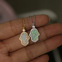 fashion 2022 turkish hamsa hand pendant necklaces women ladies delicate dainty gold silver color white fire opal stone necklace