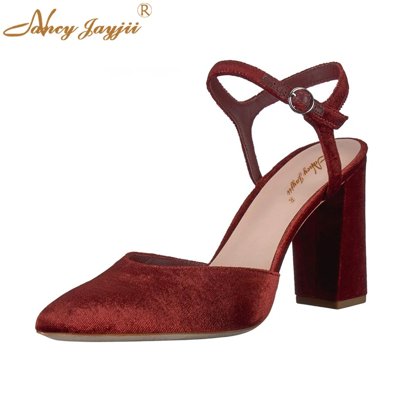 

Female Shoes Woman Ladies Sandals Flock Solid Pointed Toe Ankle-Wrap Buckle Super High Square heels Basic Mature Fashion Elegant