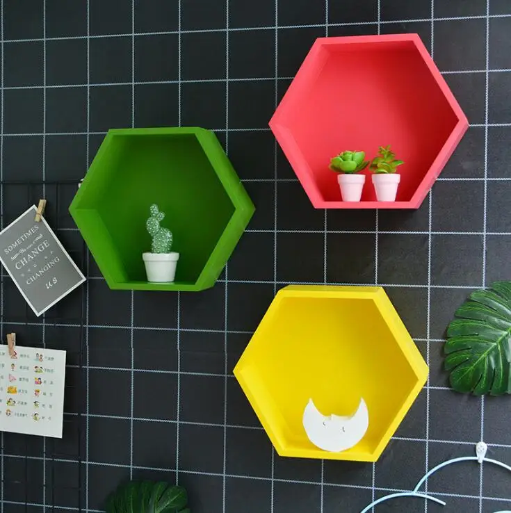 

Nordic Home Wall Storage Holder Racks Solid Wood Hexagonal Rack Wall Decoration Shelf Color Wall Flower Pot Ornament Stand 04290