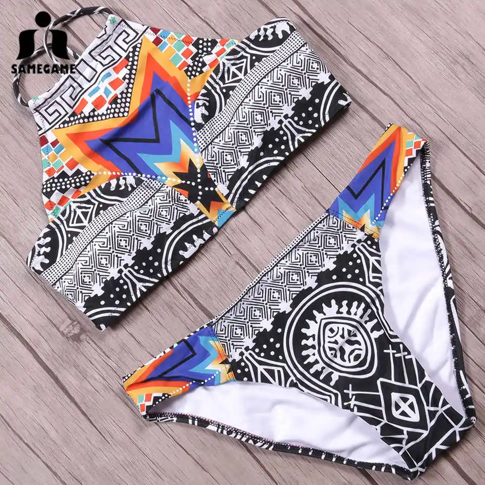 Женский купальник бикини с высокой горловиной SAMEGAME бразильский комплект принтом