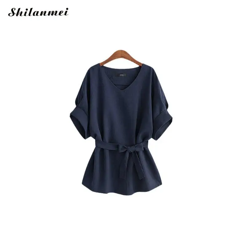 2018 летние женские блузки льняная туника рубашка v образный вырез большой бант