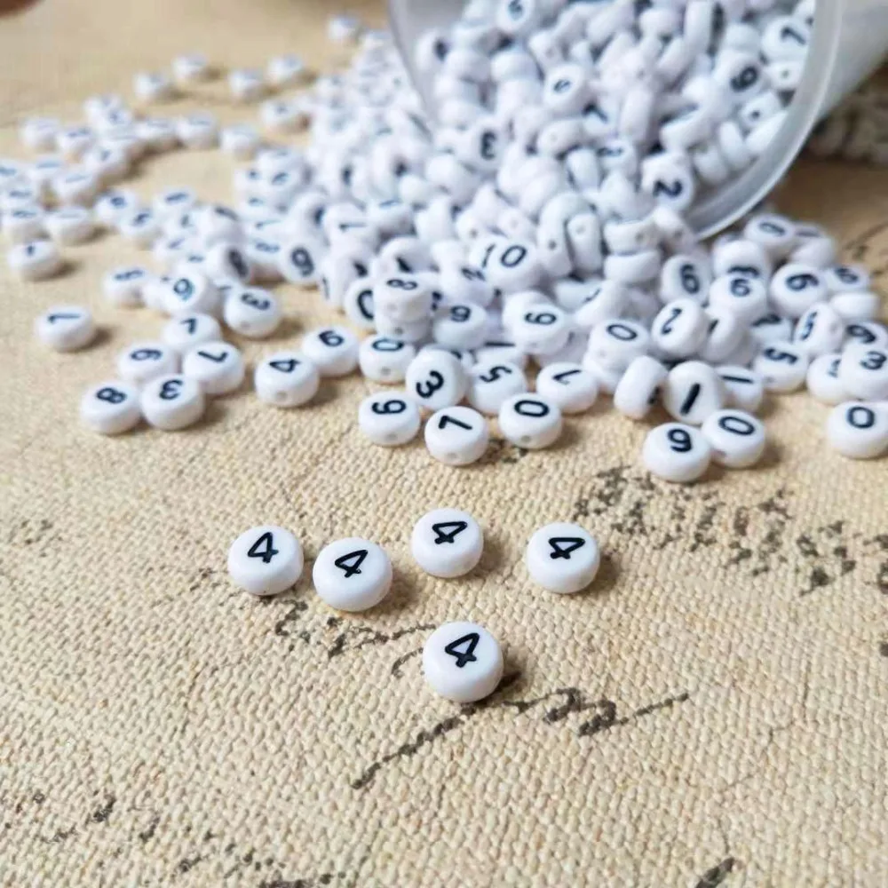 

Free Shipping 4*7MM 3600PCs Flat Coin Round Shape White with Black Number 4 Spacer Beads DIY Jewelry Plastic Acrylic Bead