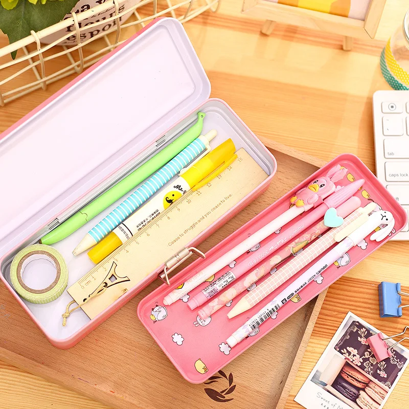 Double Deck Iron Case Pencil Box Kawaii Little Bear Metal Layer for School Students | Канцтовары для офиса и дома