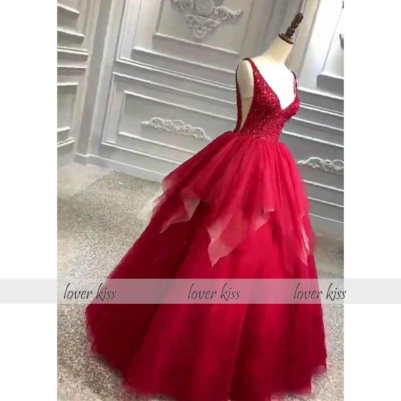 Lover Kiss vestido de novia потрясающее украшенное бисером V образным вырезом красное