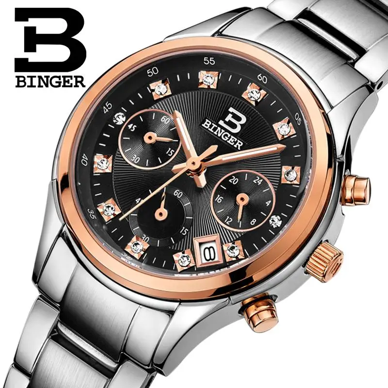Switzerland Binger Women's watches luxury quartz waterproof full stainless steel Chronograph Wristwatches clock BG6019-W3