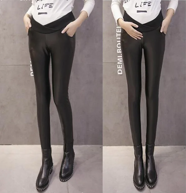 2018 зимние Леггинсы для беременных из искусственной кожи с эластичной резинкой на