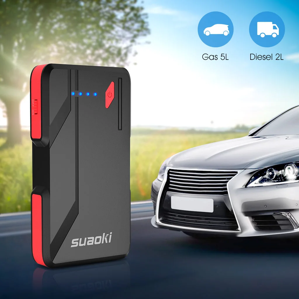 Suaoki P4 пусковое устройство 500A пик автомобиля Батарея 5.0L газа или 2.0L бензиновых и дизельных двигателей с Тип-C 5 V/3A Порты и разъёмы QC 3,0 Портативный Мощность банка