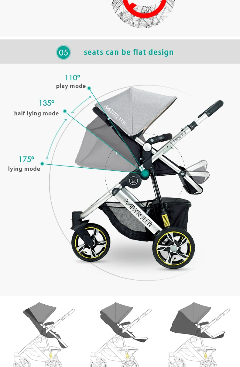 Babyruler, высокий пейзаж, 6 цветов, алюминиевая Роскошная складная детская коляска, 3 в 1, детская коляска для новорожденных, детская коляска