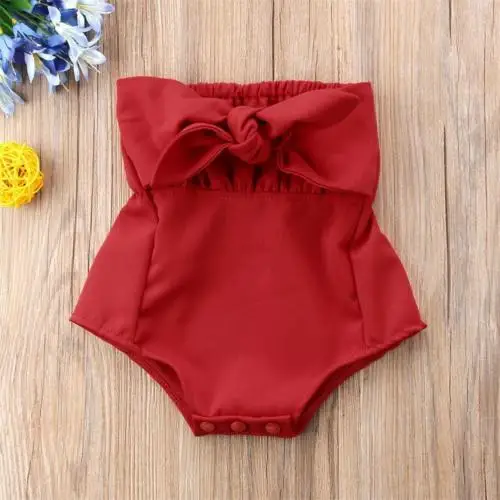 

Toddler Infant Baby Girl Off Shoulder Red Bowknot Bodysuit Jumpsuit Set