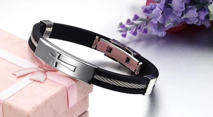 Christian fashion jewelry Stainless Steel cross Bracelet Men Hand-made Silicone Bangle Charm Snake Lover Gift |