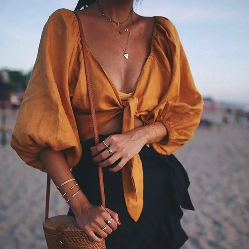 Женская винтажная Свободная рубашка Yfashion Повседневная с пышными рукавами и