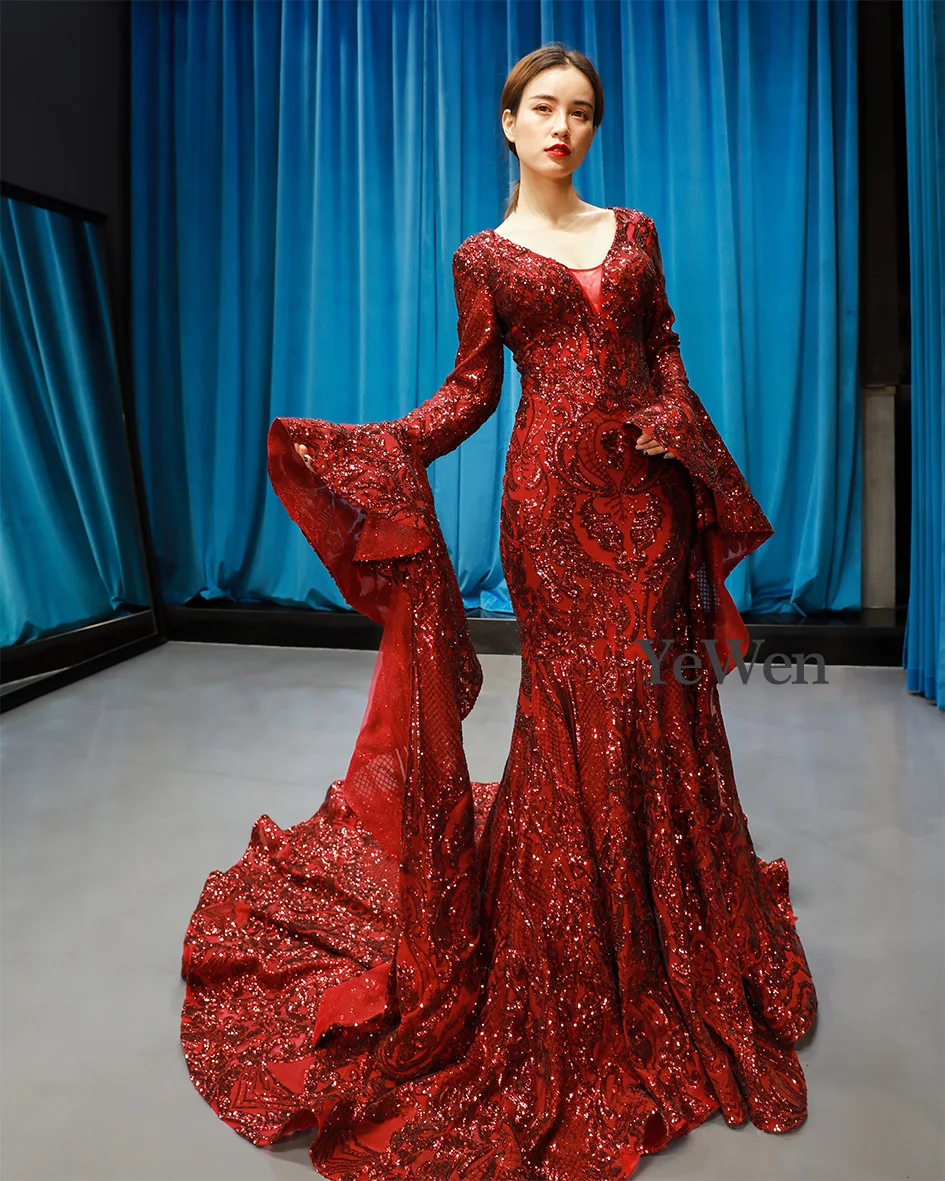 Красное роскошное вечернее платье Vestidos De Fiesta De Noche, сексуальное вечернее платье с v-образным вырезом, Длинное Элегантное официальное платье русалки YM20250