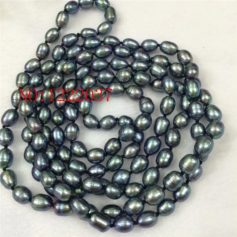 

Natural NEW freshwater cultured black rice-shaped pearl necklace 7-8MM AA 50 inches Long sweater necklace