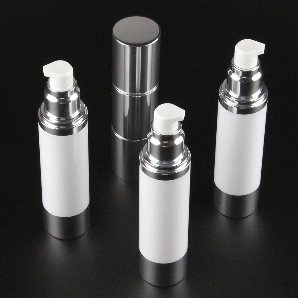 50 мл белая безвоздушная бутылка белый корпус блестящий серебристый