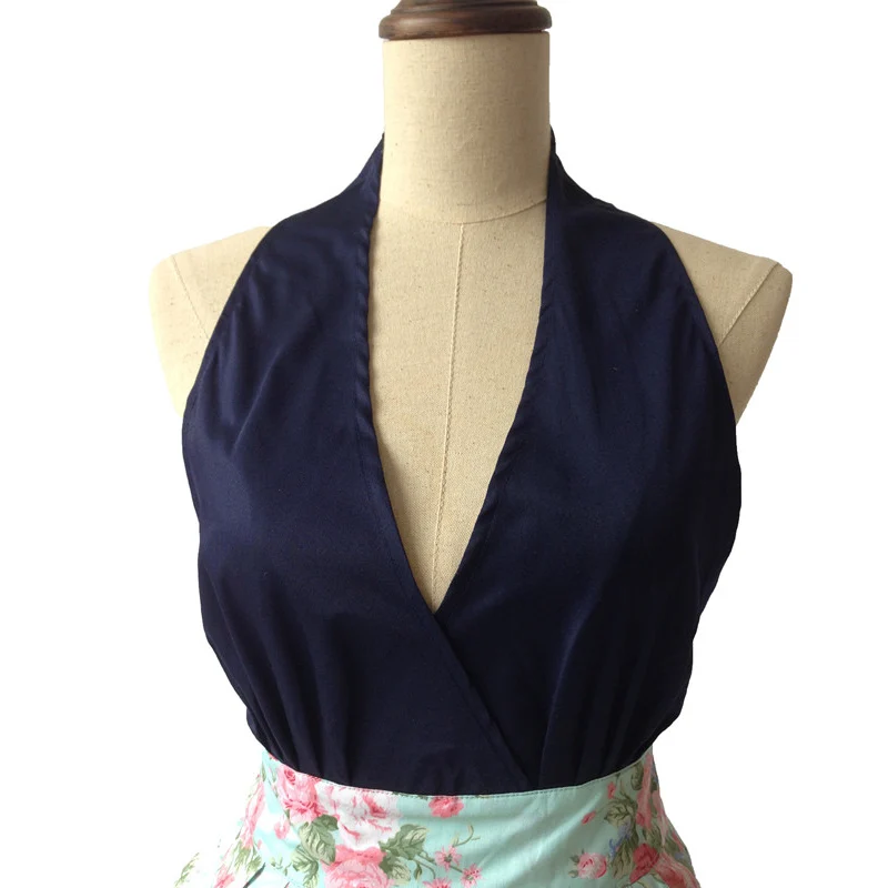 V образный вырез Ретро Кухня фартук Для женщин темно синего и розового цвета с