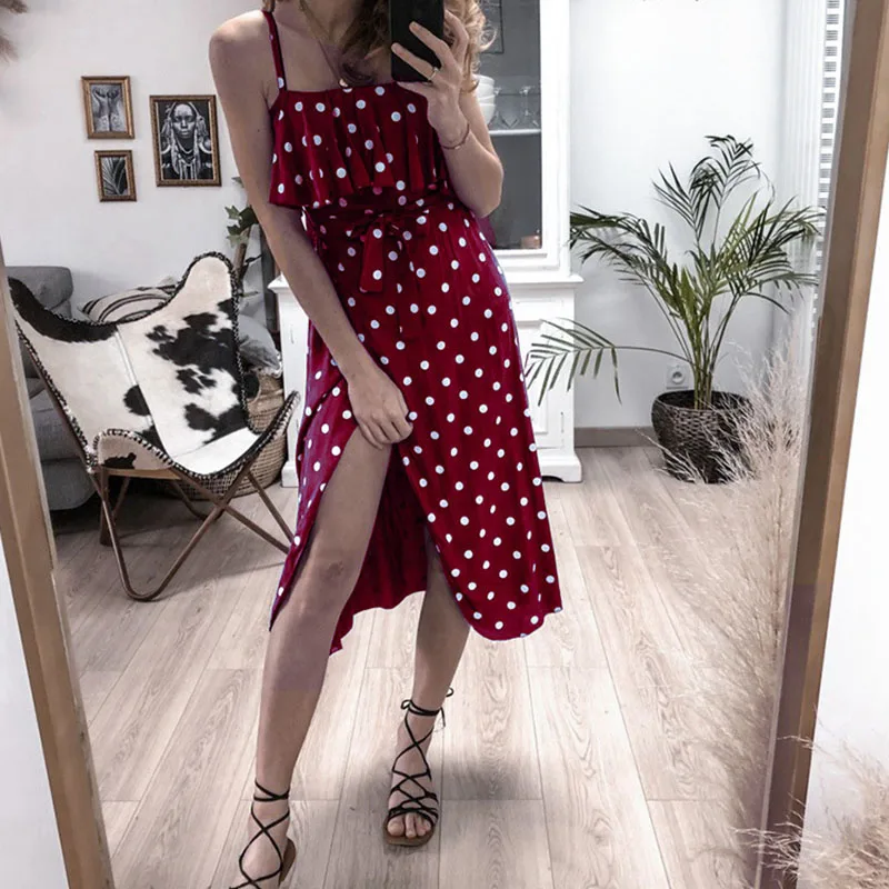 Boho женское сексуальное пляжное платье с разрезом сбоку в горошек бандо летние