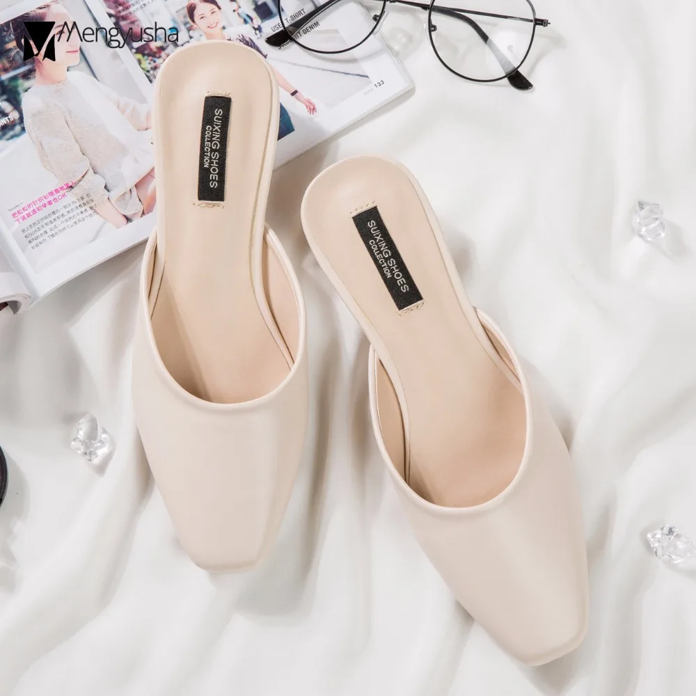 Сандалии женские кожаные с квадратным носком шлепанцы на низком каблуке