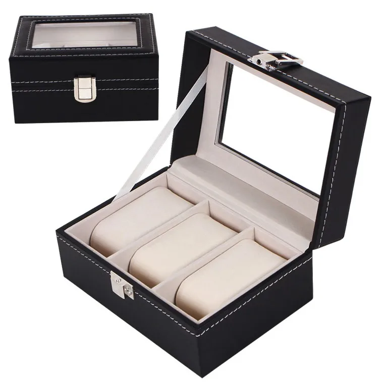 Кожаный чехол для часов с 3 ячейками черный органайзер хранения ювелирных