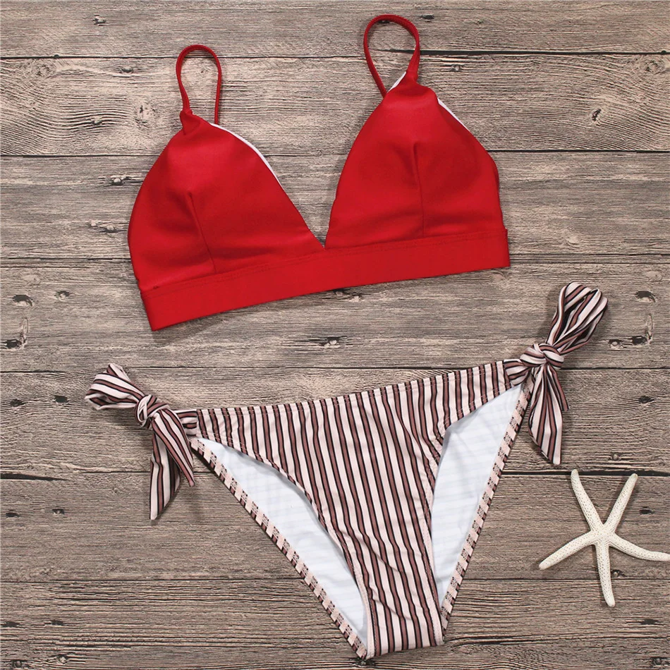 2018 Sexy Bikini Swimwear Women Swimsuit Bandage Bathing Suit Brazilian Set Striped Bottom Solid Female Beachwear Biquini |