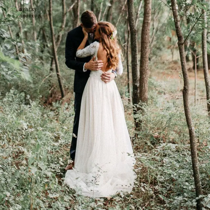 Дешевые Boho Свадебное платье с кружевом и v-образным вырезом коротким рукавом