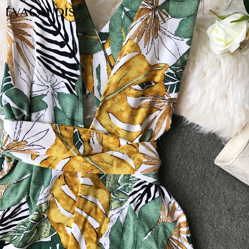Пляжный Boho короткий женский летний комбинезон с открытой спиной и v-образным вырезом без рукавов комбинезон корейский цветочный принт плюс размер женский комбинезон