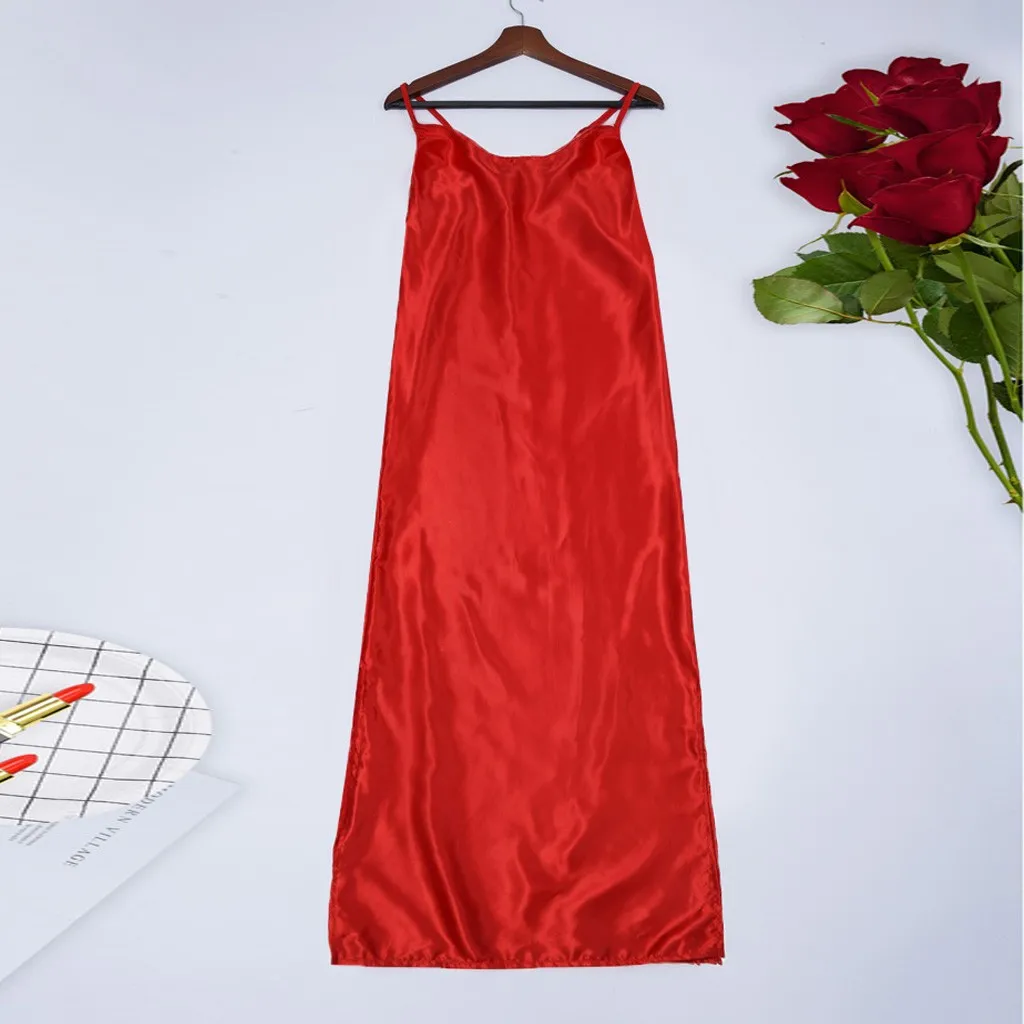 

New Women Plus Size 3XL Sexy Lingerie Satin Silk Long Nightdress Backless Sleepwear Solid Robe De Nuit Femme Lace Nightgown Set