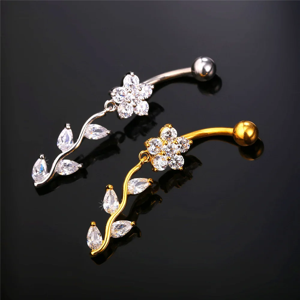 U7 New Crystal Flower Belly Button Ring For Women Body Jewelry Gold Color Party Long Navel Wholesale DB005 |