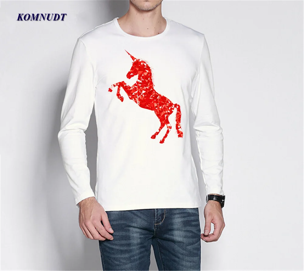 2018 красный кристалл Единорог печатных Для мужчин футболка длинный рукав