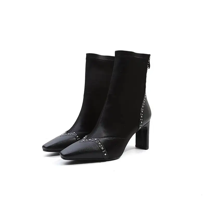 MEMUNIA SIZE 34-42 2020 NEW fashion genuine leather+stretch fabric ankle boots women rhinstone zip high heel casual shoes | Обувь