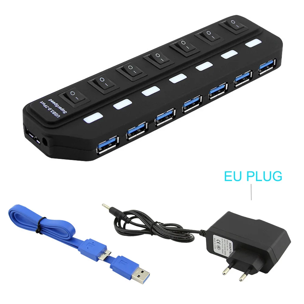 Black with EU Power Windyoung USB3.0 концентратор 7 портов с зарядкой питания и переключателем несколько USB адаптер питания светодиодный Переключатель ВКЛ/ВЫКЛ разветвитель для ПК ноутбука - Цвет: Black with EU Power