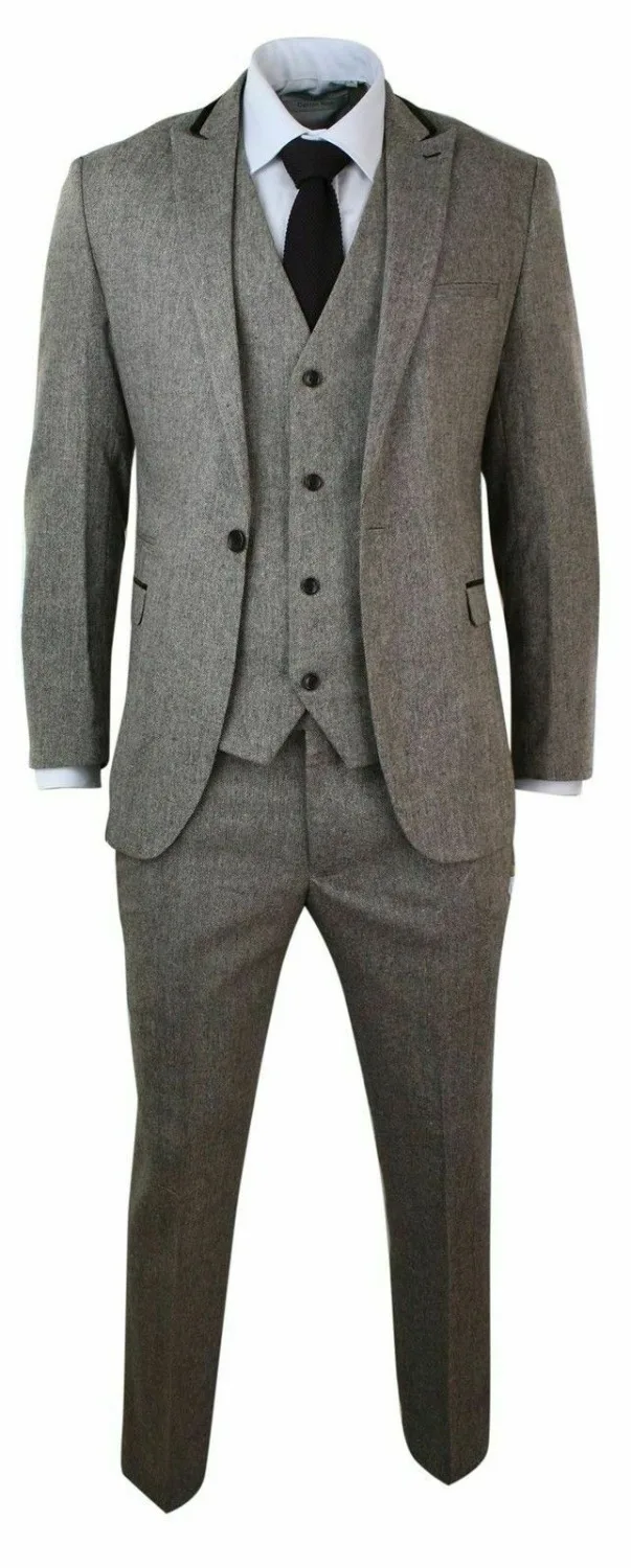 

Mens Herringbone Tweed 3 Piece Suit Trim Classic Vintage Slim Fit Brown Custom