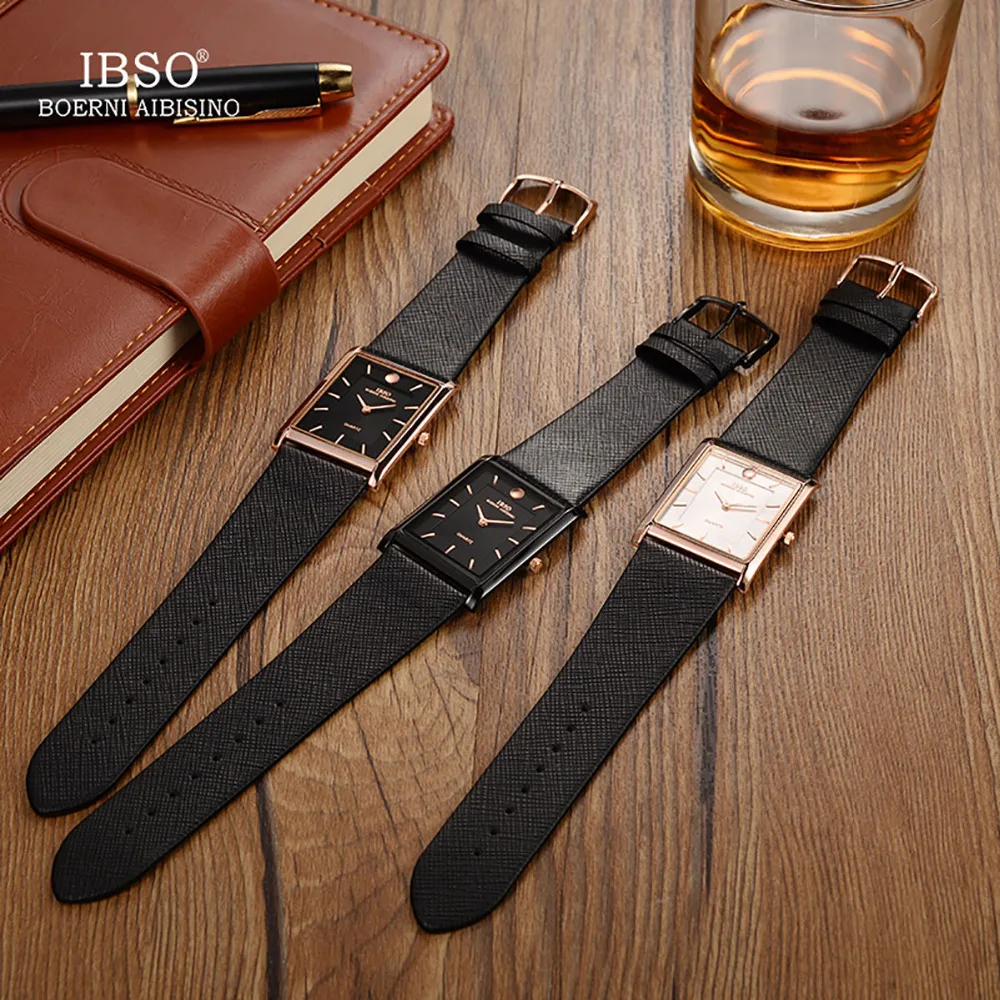 IBSO Роскошные мужские часы прямоугольные ультратонкие с кожаным ремешком розовое