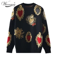 vintag high quality christmas knitted sweater autumn winter pullover gem heart lurex jacquard knitwear korean loose jumper c 025