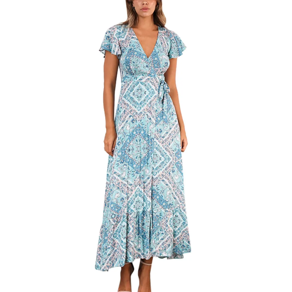 Свободное женское платье из страуса, бохо, длинное, VNeck, цветочное, синее, вечернее пляжное платье, сарафан, растущее, свежее, модное, женское платье, летнее