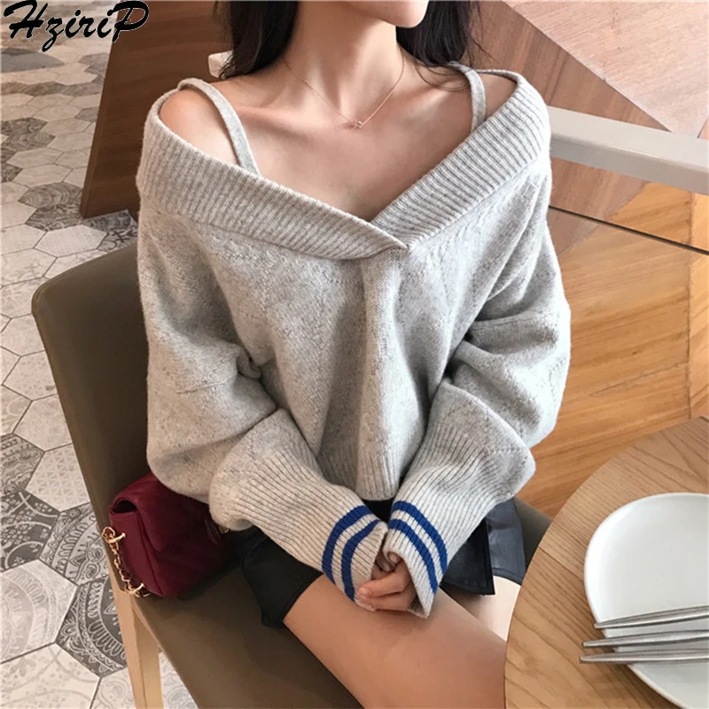 Hzirip 2018 Women Knitted Sweater Autumn Winter Pullover Tops Slim Wild V-Neck Loose Casual Aestheticism Office Lady Clothes | Женская