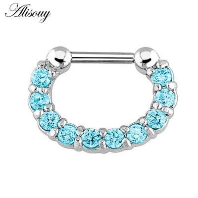 Silver Blue CZ Alisouy 1 шт. хирургическое стальное кольцо с крапановой закрепкой камня украшение с цирконием перегородка защелка для носа кольцо для пирсинга Septo тела ювелирные изделия соски украшение для Козелка 16 г - Окраска металла: Silver Blue CZ