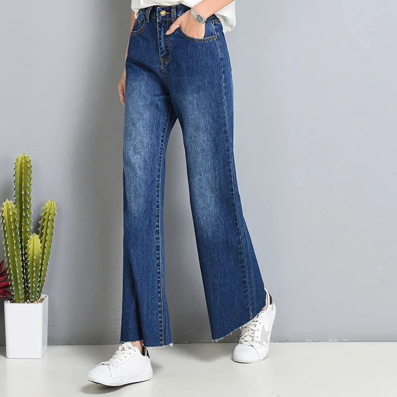Casual jeans denim plus size cotton blend wide leg pants for women high waist capris autumn spring new fashion loose hdq0701 | Женская