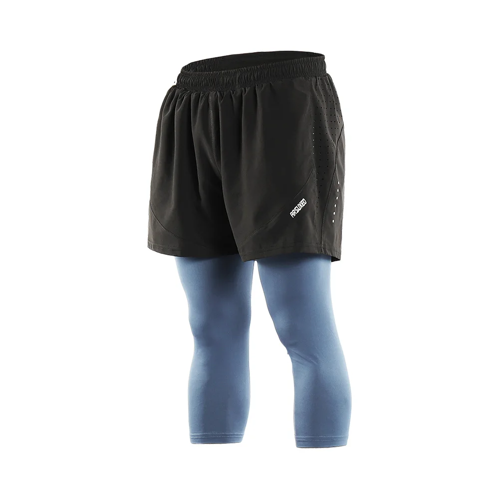 blue n black EU size ARSUXEO мужские шорты для бега 3/4 компрессионные колготки тренировочные шорты для занятий йогой брюки быстросохнущие дышащие эластичные пояс - Цвет: blue n black EU size