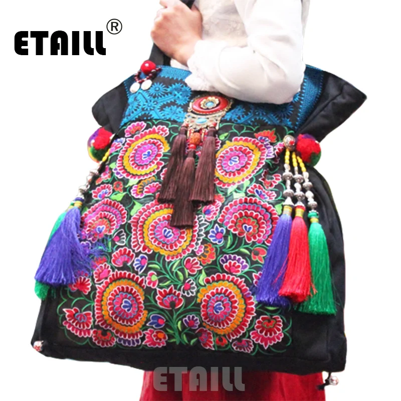 Супер большой 50 см Этническая сумка с вышивкой Hmong Boho Thai Tassel Вышитые Сумки