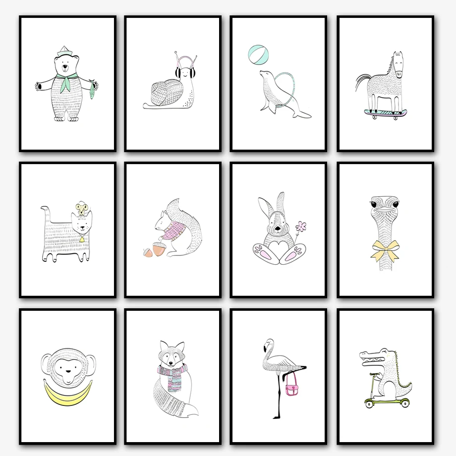 Seal Bear rabbit monkey fox Nursery Prints Wall Art Canvas Painting Nordic Posters And Pictures Baby Kids Room Decor | Дом и сад